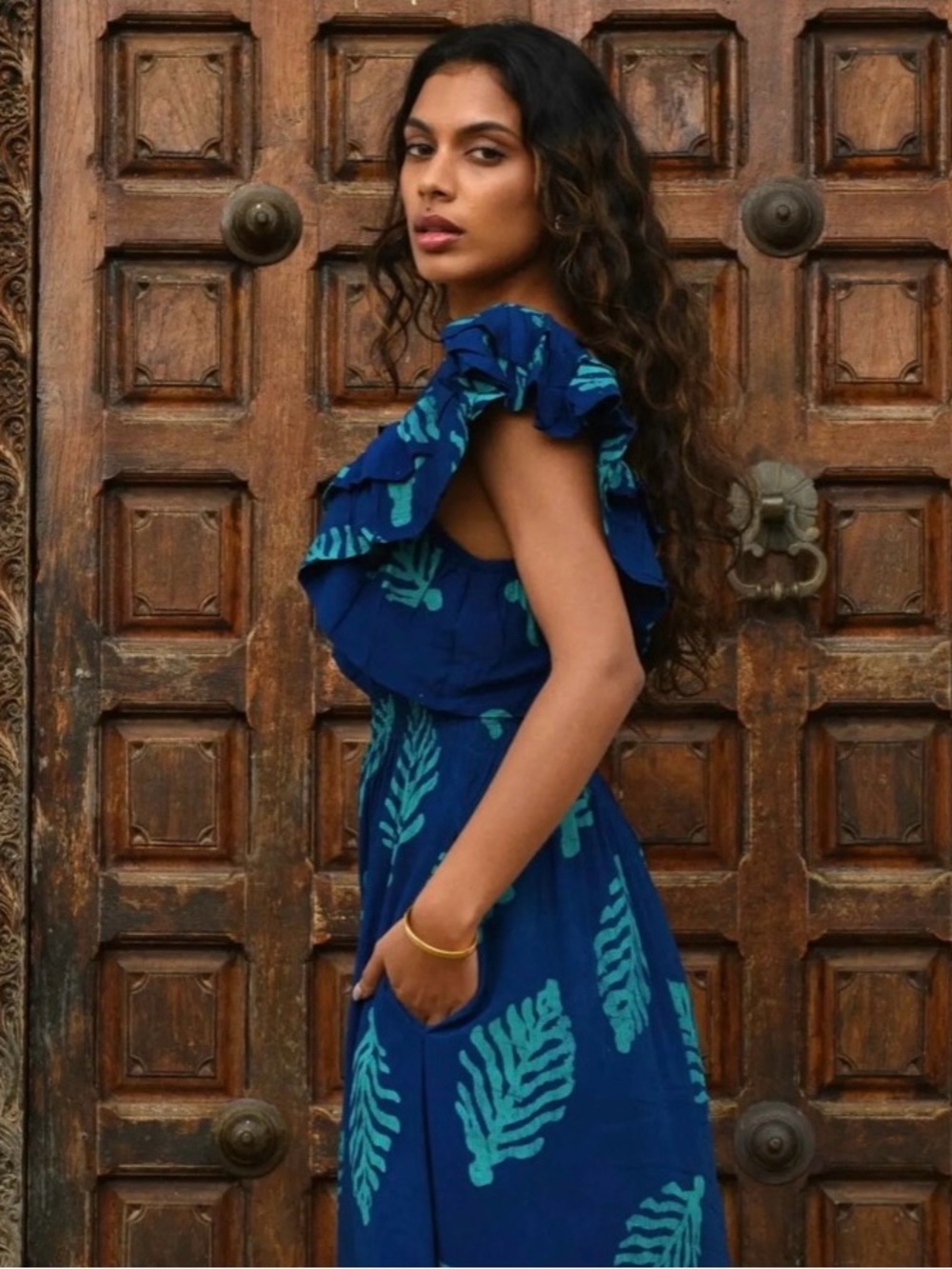 Elisamomma Sola Dress NEW WITH TAGS Blue Leaf Print Smocking Cotton Womens XXL